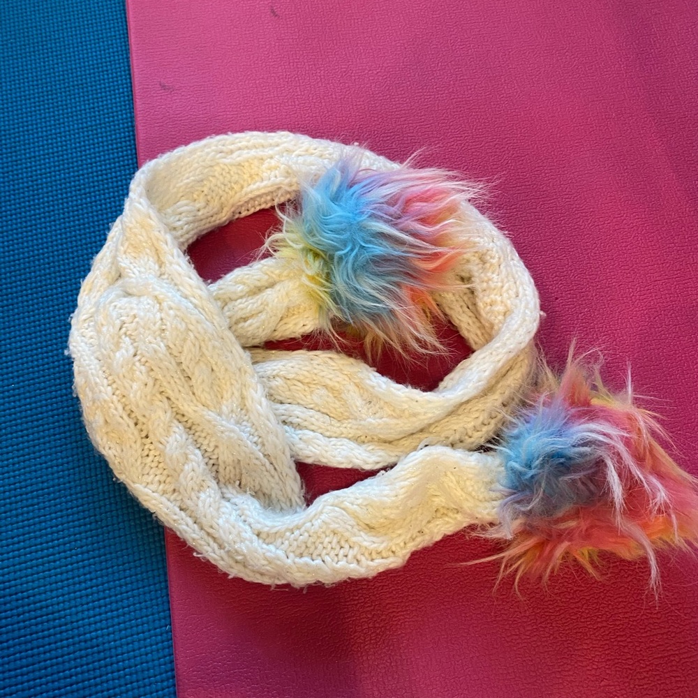 Cozy Cream Kids Scarf with Rainbow Pom Poms
